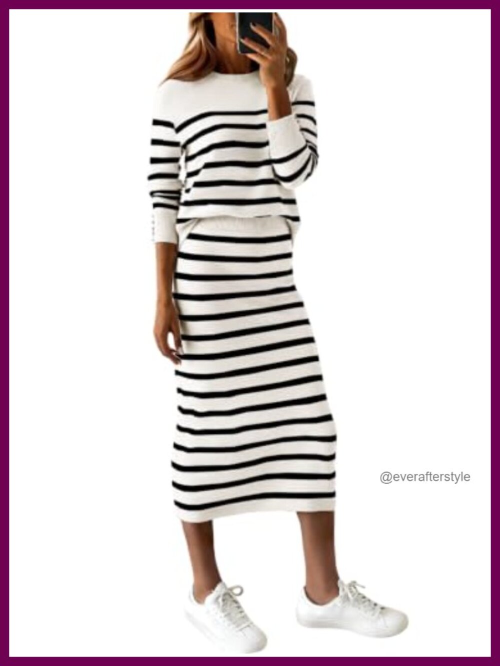 Striped Knit 2 Piece Skirt Set Long Sleeve Top Midi Skirt Casual Travel Outfit